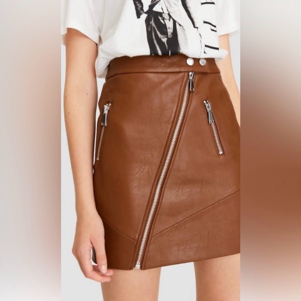 Kendall + Kylie Brown Faux Leather Zippers Moto Mini Stretch Skirt S NEW #331